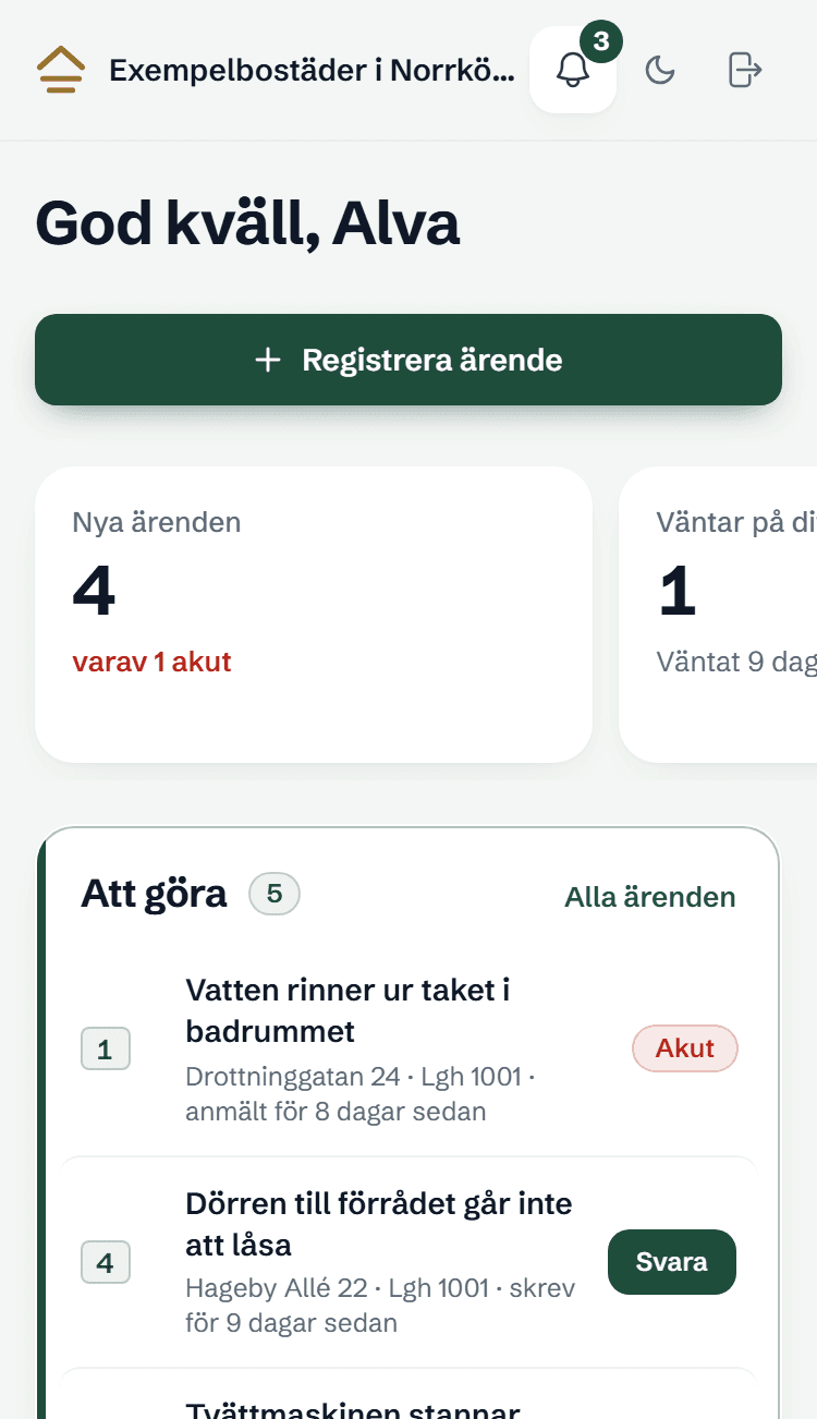 Översikten i Hyresvyn: Att göra med de ärenden som är akuta, väntar på svar eller är nya, med en knapp på varje rad
